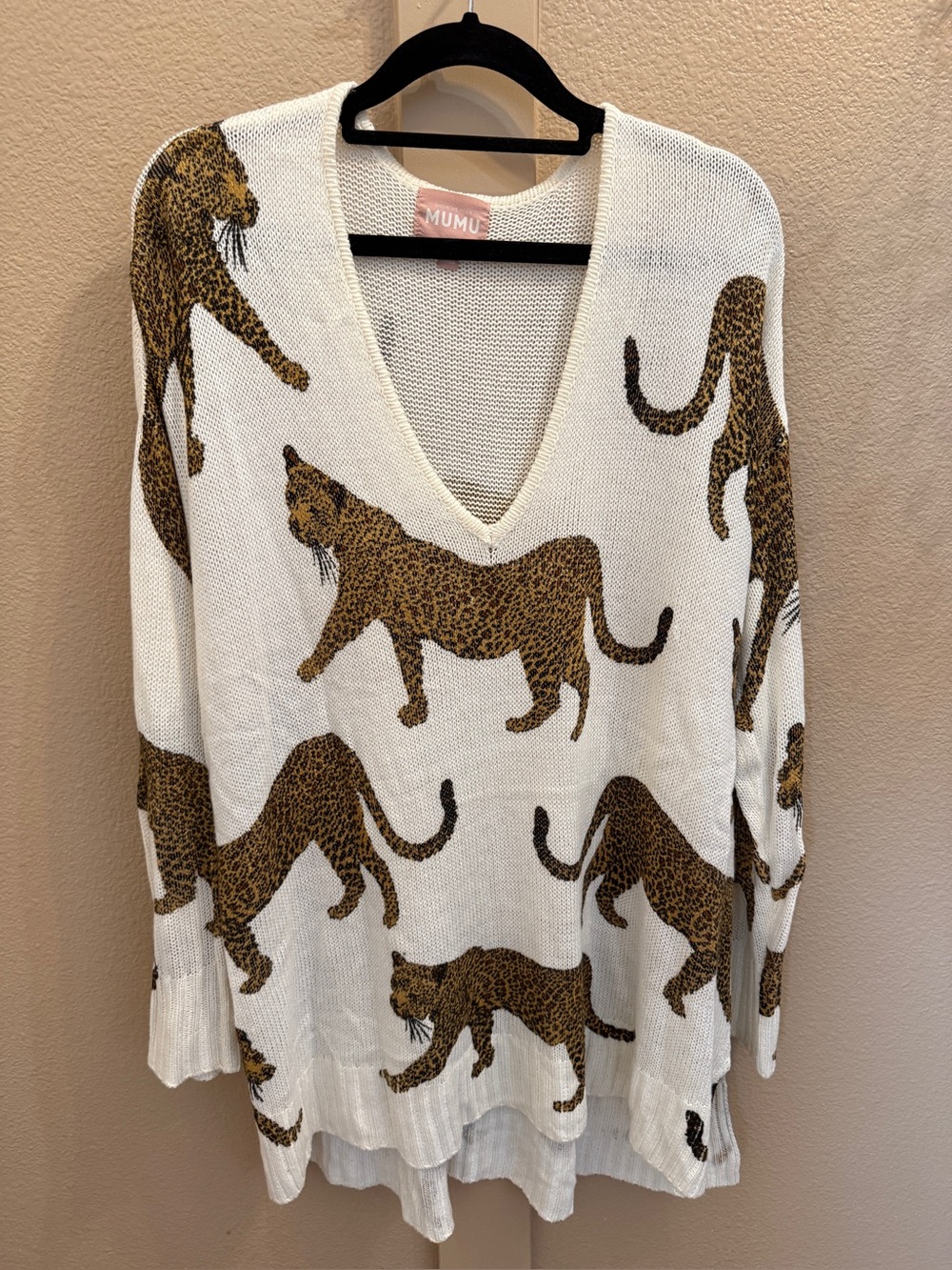 Show Me Your MuMu Cream Leopard-Print V-Neck Sweater